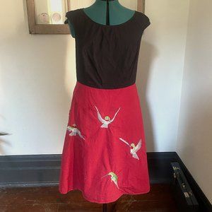 Vintage Black and Red A-line Dress with Embroidered Birds - Plus Size - POCKETS!